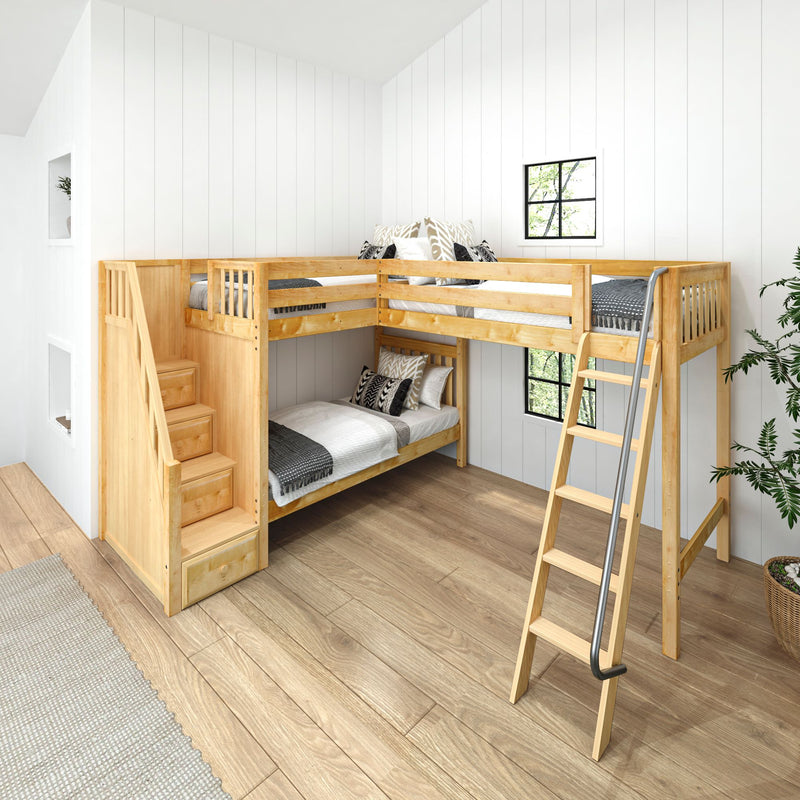 TREY NS : Corner Loft Bunk Twin High Corner Loft Bunk with Stairs + Angled Ladder on Right Front, Natural Birch Slats