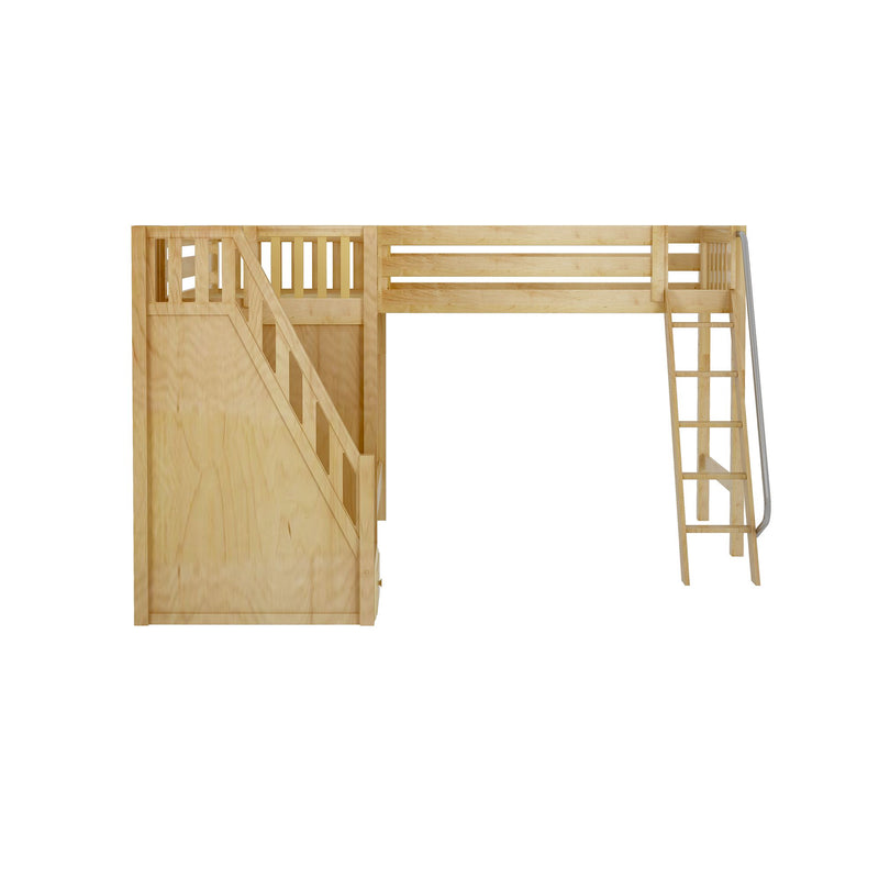 TREY NS : Corner Loft Bunk Twin High Corner Loft Bunk with Stairs + Angled Ladder on Right Front, Natural Birch Slats