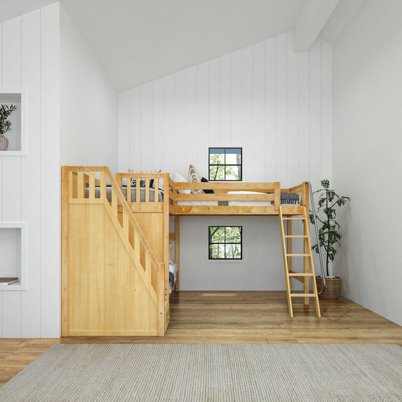 TREY NS : Corner Loft Bunk Twin High Corner Loft Bunk with Stairs + Angled Ladder on Right Front, Natural Birch Slats