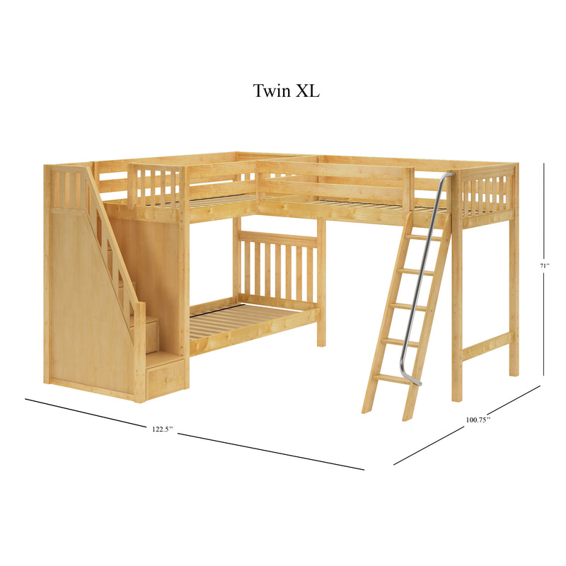 TREY NS : Corner Loft Bunk Twin High Corner Loft Bunk with Stairs + Angled Ladder on Right Front, Natural Birch Slats