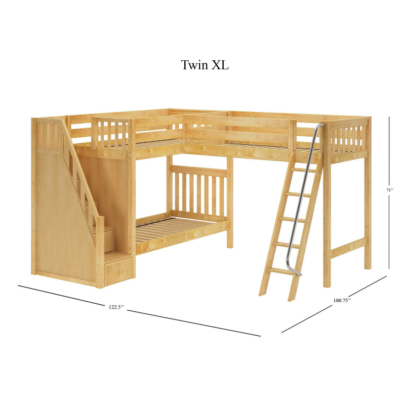 TREY XL NS : Corner Loft Bunk Twin XL High Corner Loft Bunk with Stairs + Angled Ladder on Right Front, Natural Birch Slats