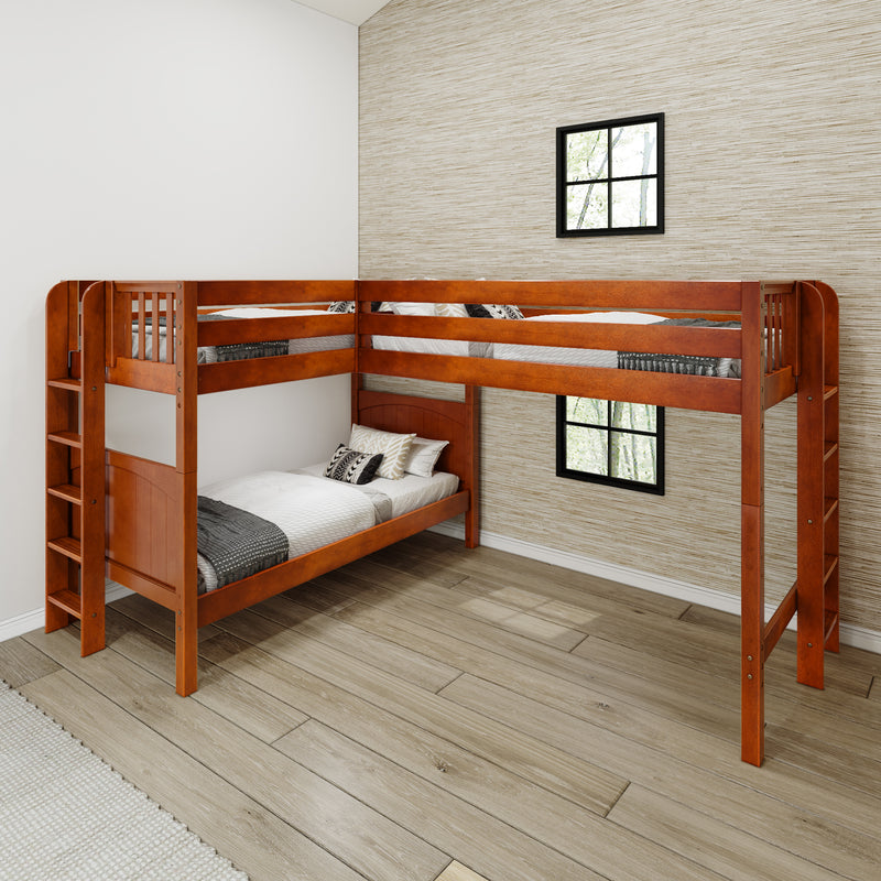 TRIFID 1 CP : Corner Loft Bunk Twin Mid Corner Loft Bunk with Two Straight Ladders on End, Chestnut Panel