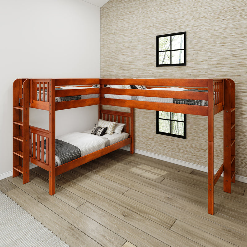 TRIFID 1 CS : Corner Loft Bunk Twin Mid Corner Loft Bunk with Two Straight Ladders on End, Chestnut Slats