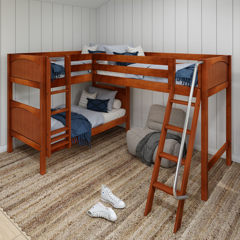 TRIFID CP : Corner Loft Bunk Twin Mid Corner Loft Bunk with Left Straight Ladder + Right Angled Ladder on Front, Chestnut Panel