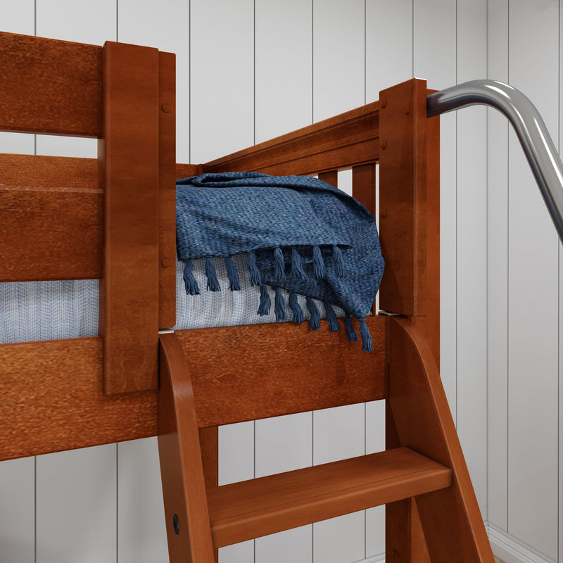 TRIFID CS : Corner Loft Bunk Twin Mid Corner Loft Bunk with Left Straight Ladder + Right Angled Ladder on Front, Chestnut Slats