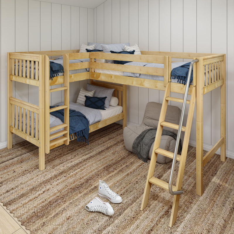 TRIFID NS : Corner Loft Bunk Twin Mid Corner Loft Bunk with Left Straight Ladder + Right Angled Ladder on Front, Natural Birch Slats