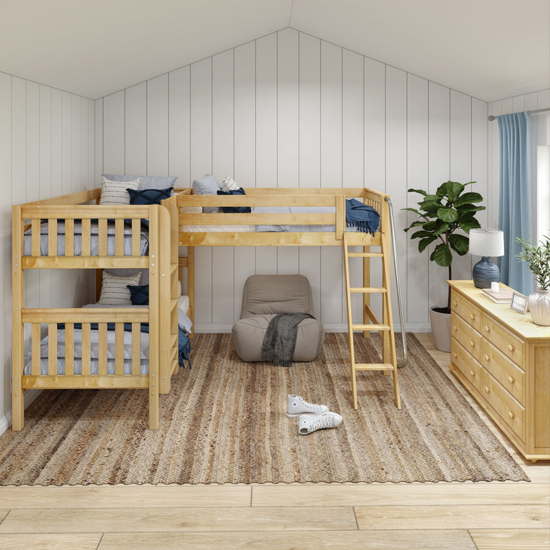 TRIFID NS : Corner Loft Bunk Twin Mid Corner Loft Bunk with Left Straight Ladder + Right Angled Ladder on Front, Natural Birch Slats