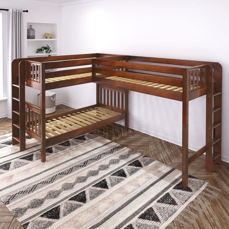 TRIFID XL 1 CS : Corner Loft Bunk Twin XL Mid Corner Loft Bunk with Two Straight Ladders on End, Chestnut Slats