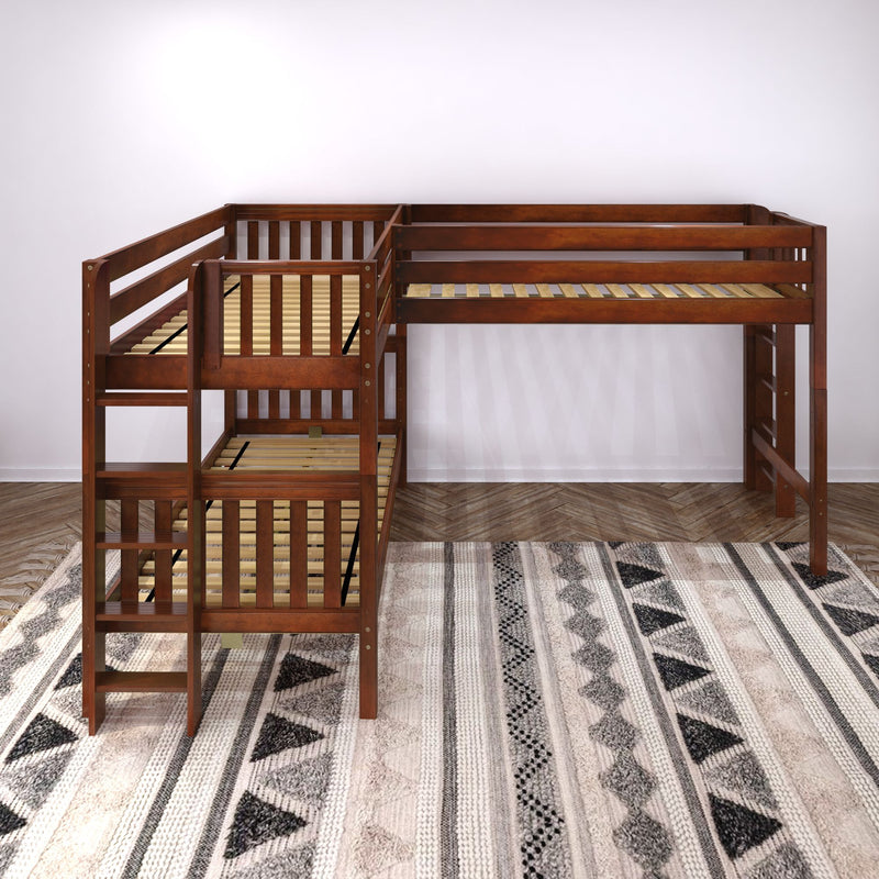 TRIFID XL 1 CS : Corner Loft Bunk Twin XL Mid Corner Loft Bunk with Two Straight Ladders on End, Chestnut Slats