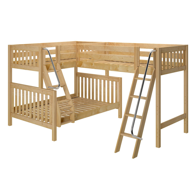 TRINITY NS : Corner Loft Bunk Twin over Full + Twin Mid Corner Loft Bunk with Two Angled Ladders on Front, Natural Birch Slats