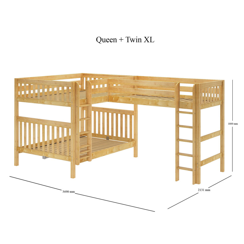 TRIPLICATE XL NS : Corner Loft Bunk Queen + Twin XL High Corner Loft Bunk with Two Straight Ladders on Front, Natural Birch Slats