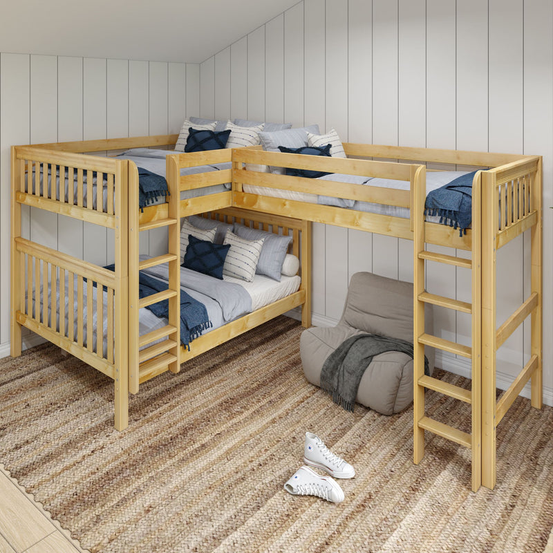 TRIPLICATE XL NS : Corner Loft Bunk Queen + Twin XL High Corner Loft Bunk with Two Straight Ladders on Front, Natural Birch Slats