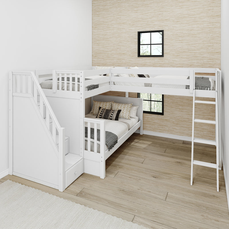TRIUNITY XL WP : Corner Loft Bunk Twin XL over Full XL + Twin XL Medium Corner Loft Bunk with Angled Ladder and Stairs on Left, Panel, White