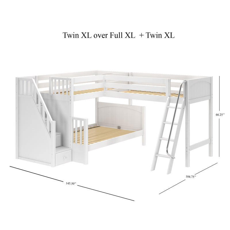 TRIUNITY XL WP : Corner Loft Bunk Twin XL over Full XL + Twin XL Medium Corner Loft Bunk with Angled Ladder and Stairs on Left, Panel, White