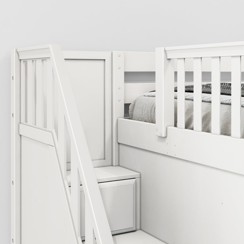 TRIUNITY XL WP : Corner Loft Bunk Twin XL over Full XL + Twin XL Medium Corner Loft Bunk with Angled Ladder and Stairs on Left, Panel, White