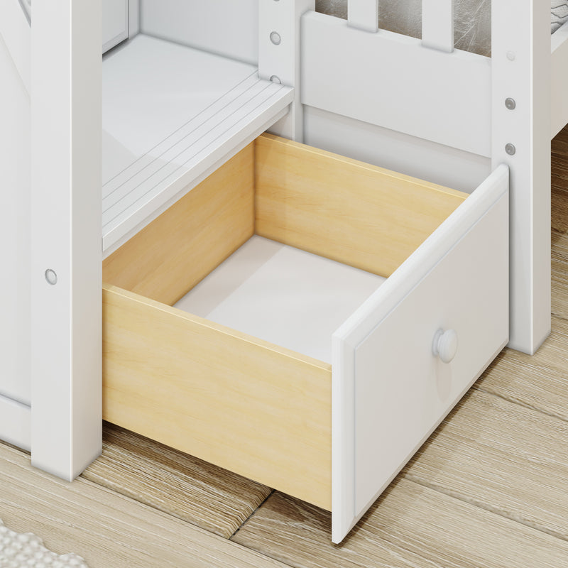 TRIUNITY XL WP : Corner Loft Bunk Twin XL over Full XL + Twin XL Medium Corner Loft Bunk with Angled Ladder and Stairs on Left, Panel, White