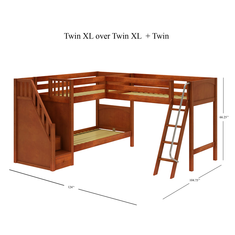 TRIVIUM XL CP : Corner Loft Bunk Twin XL Mid Corner Loft Bunk with Stairs + Angled Ladder on Right Front, Chestnut Panel