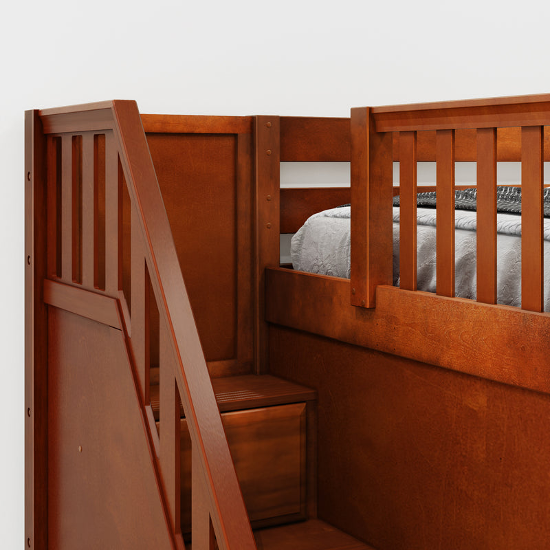 TRIVIUM XL CP : Corner Loft Bunk Twin XL Mid Corner Loft Bunk with Stairs + Angled Ladder on Right Front, Chestnut Panel