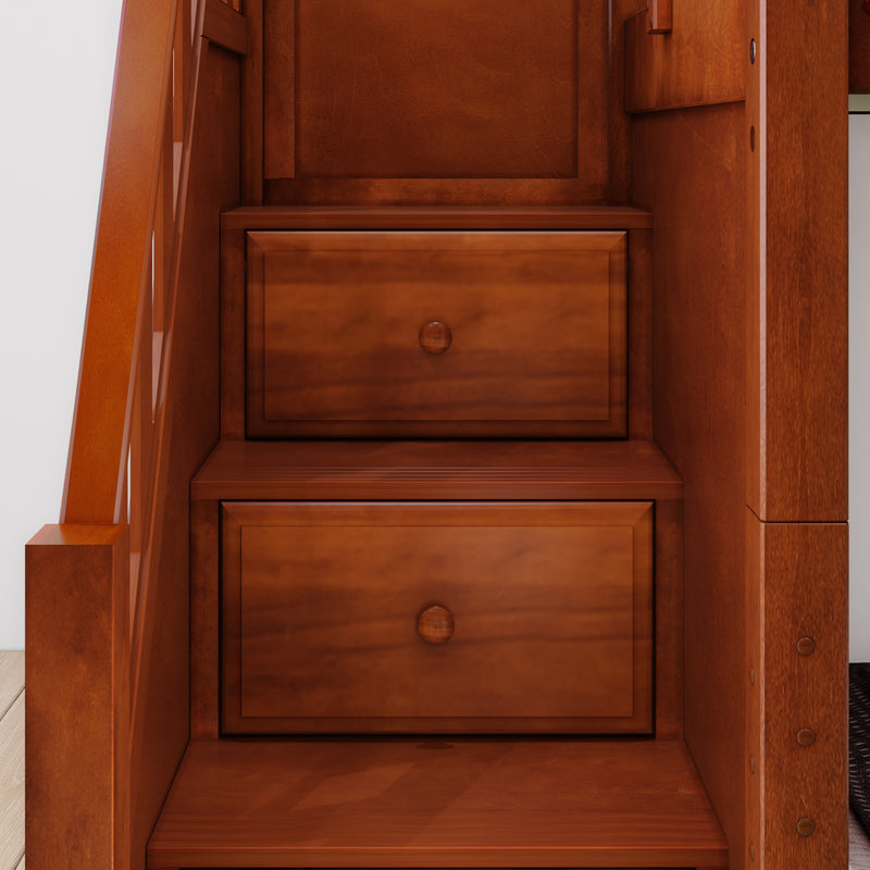 TRIVIUM XL CP : Corner Loft Bunk Twin XL Mid Corner Loft Bunk with Stairs + Angled Ladder on Right Front, Chestnut Panel