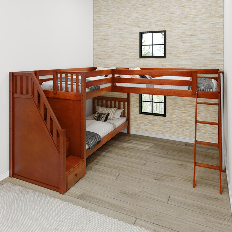 TRIVIUM XL CS : Corner Loft Bunk Twin XL Mid Corner Loft Bunk with Stairs + Angled Ladder on Right Front, Chestnut Slats