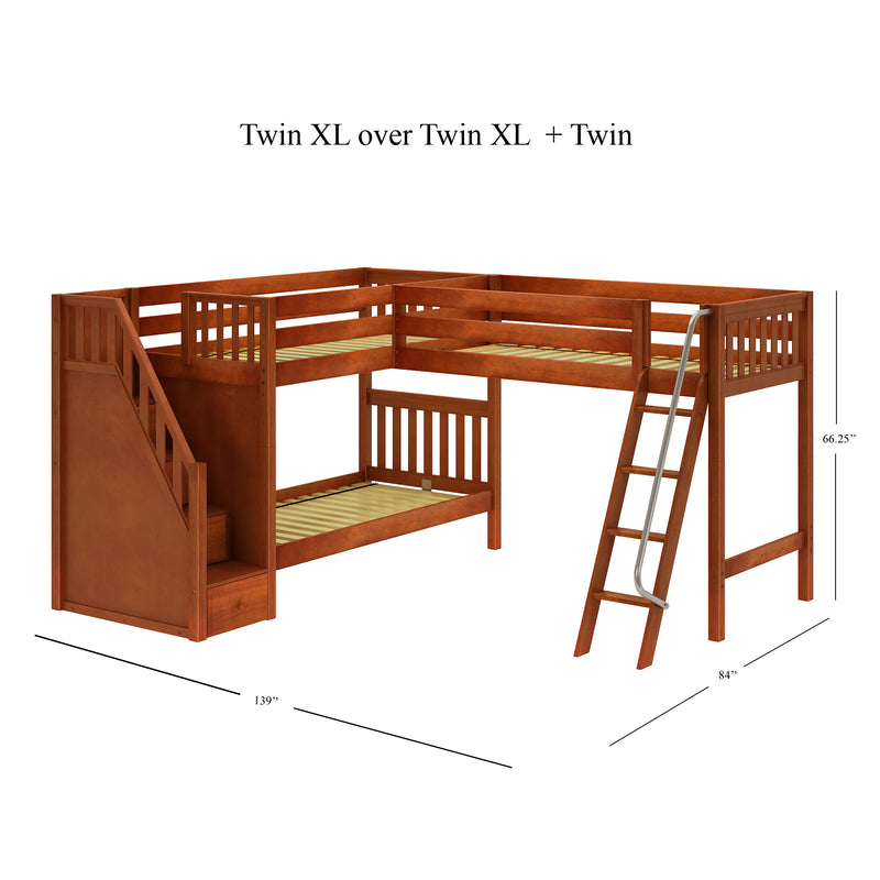 TRIVIUM XL CS : Corner Loft Bunk Twin XL Mid Corner Loft Bunk with Stairs + Angled Ladder on Right Front, Chestnut Slats