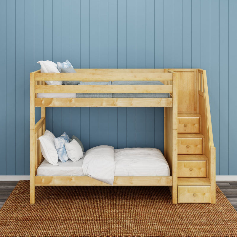 WOPPER XL NS : Bunk Bed Classic High Twin XL Bunk Bed with Stairs on End, Natural Birch Slats