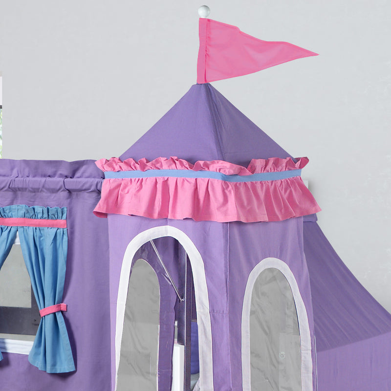 WOW27 WP : Loft Bed Twin Low Playhouse Loft Bed with Slide and Angled Ladder on Front, Classic White Panel with Purple/Light Blue Fabric