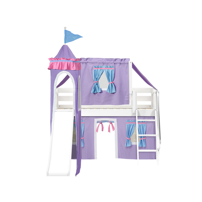 WOW27 WP : Loft Bed Twin Low Playhouse Loft Bed with Slide and Angled Ladder on Front, Classic White Panel with Purple/Light Blue Fabric