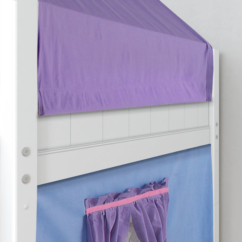 WOW27 WP : Loft Bed Twin Low Playhouse Loft Bed with Slide and Angled Ladder on Front, Classic White Panel with Purple/Light Blue Fabric