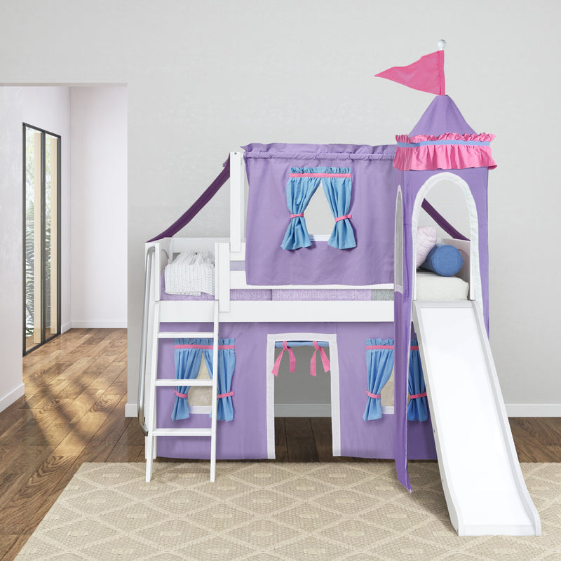WOW27 WP : Loft Bed Twin Low Playhouse Loft Bed with Slide and Angled Ladder on Front, Classic White Panel with Purple/Light Blue Fabric