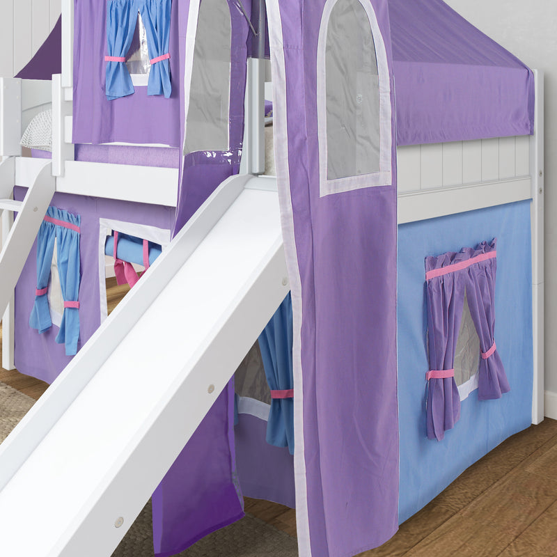 WOW27 WP : Loft Bed Twin Low Playhouse Loft Bed with Slide and Angled Ladder on Front, Classic White Panel with Purple/Light Blue Fabric