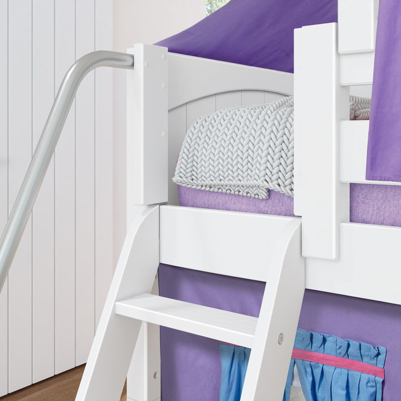 WOW27 WP : Loft Bed Twin Low Playhouse Loft Bed with Slide and Angled Ladder on Front, Classic White Panel with Purple/Light Blue Fabric