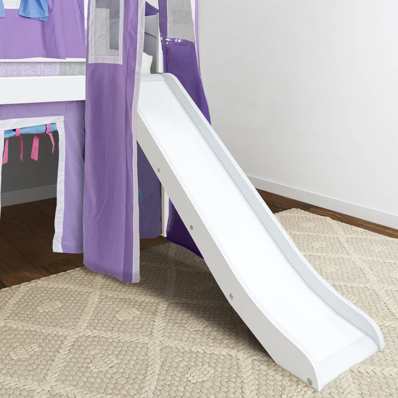 WOW27 WP : Loft Bed Twin Low Playhouse Loft Bed with Slide and Angled Ladder on Front, Classic White Panel with Purple/Light Blue Fabric