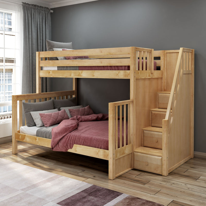 WRESTLER XL NS : Bunk Bed Classic High Twin XL over Queen Bunk Bed with Stairs on End, Natural Birch Slats
