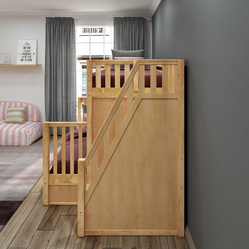 WRESTLER XL NS : Bunk Bed Classic High Twin XL over Queen Bunk Bed with Stairs on End, Natural Birch Slats