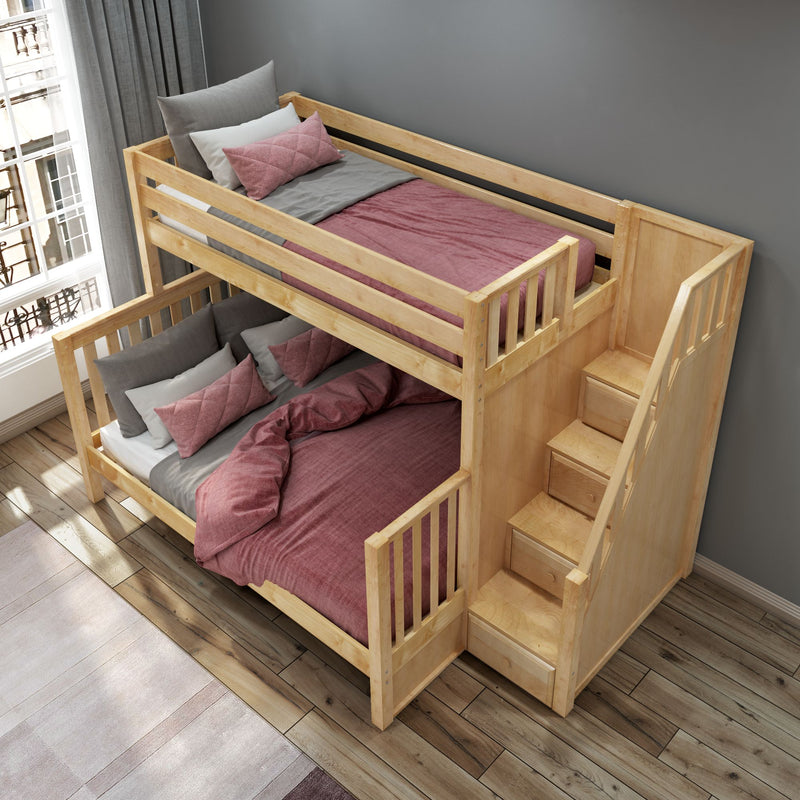 WRESTLER XL NS : Bunk Bed Classic High Twin XL over Queen Bunk Bed with Stairs on End, Natural Birch Slats