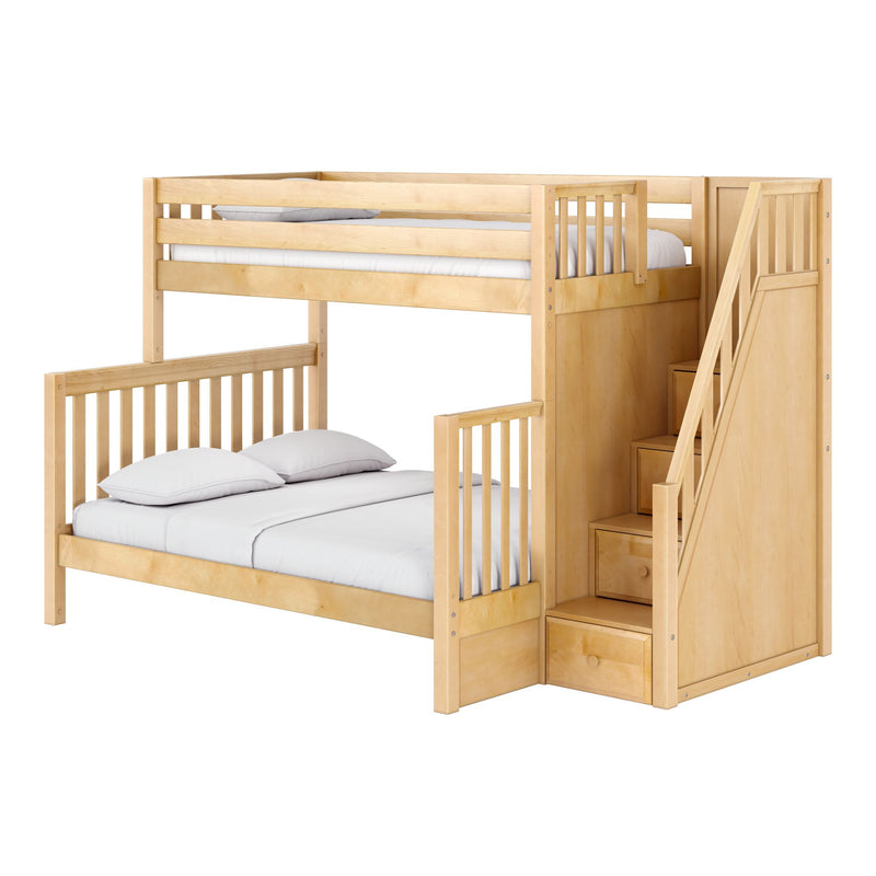 WRESTLER XL NS : Bunk Bed Classic High Twin XL over Queen Bunk Bed with Stairs on End, Natural Birch Slats