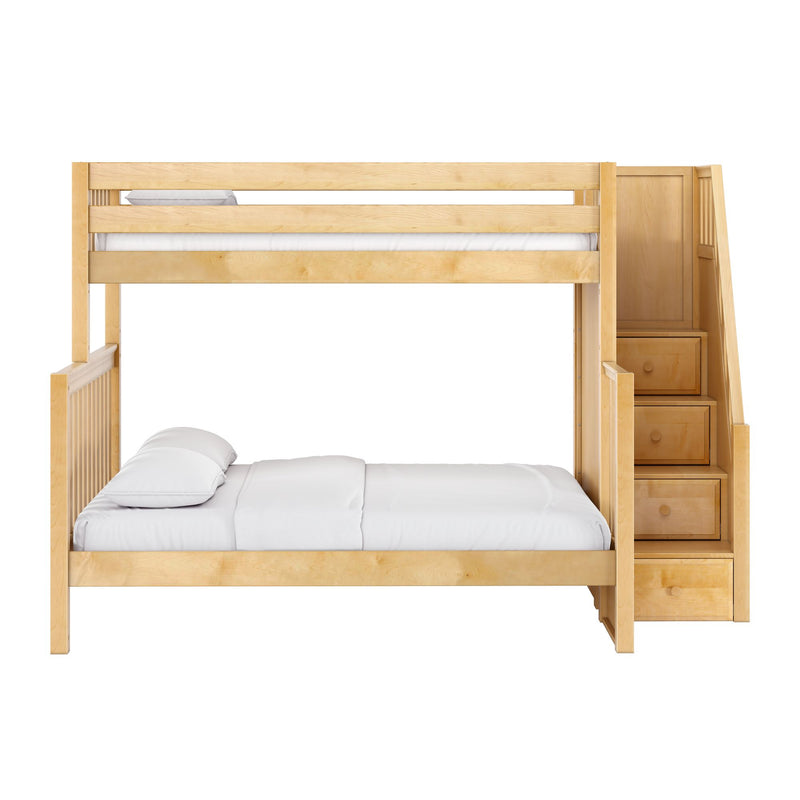 WRESTLER XL NS : Bunk Bed Classic High Twin XL over Queen Bunk Bed with Stairs on End, Natural Birch Slats