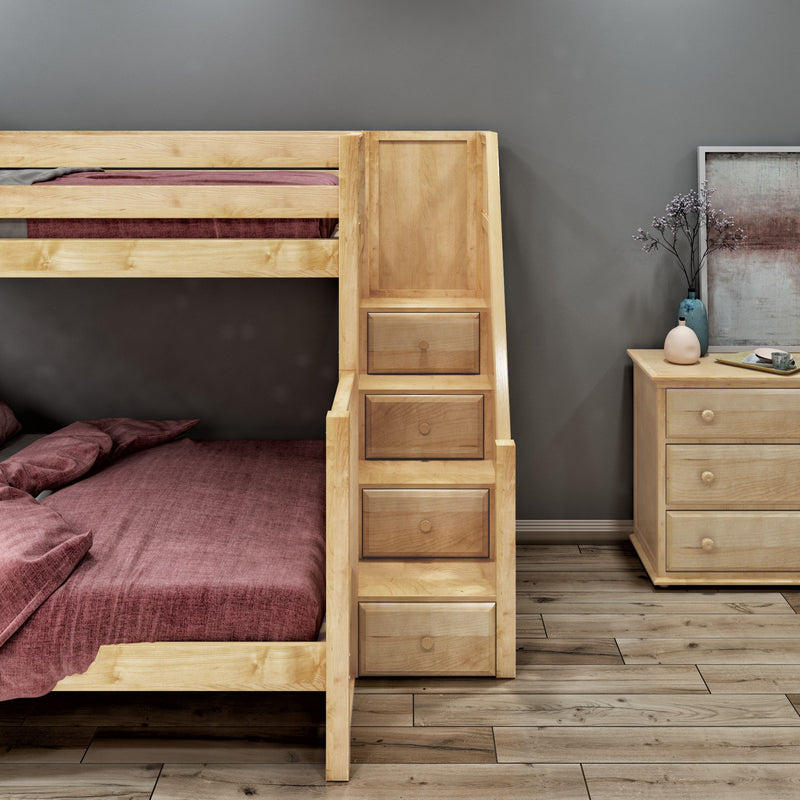 WRESTLER XL NS : Bunk Bed Classic High Twin XL over Queen Bunk Bed with Stairs on End, Natural Birch Slats