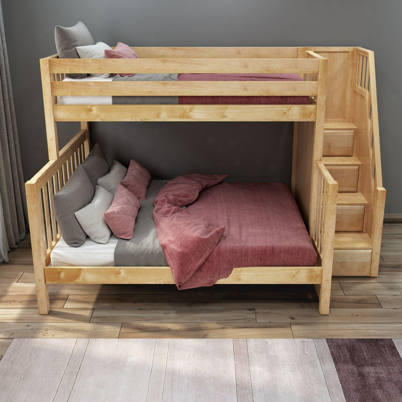 WRESTLER XL NS : Bunk Bed Classic High Twin XL over Queen Bunk Bed with Stairs on End, Natural Birch Slats