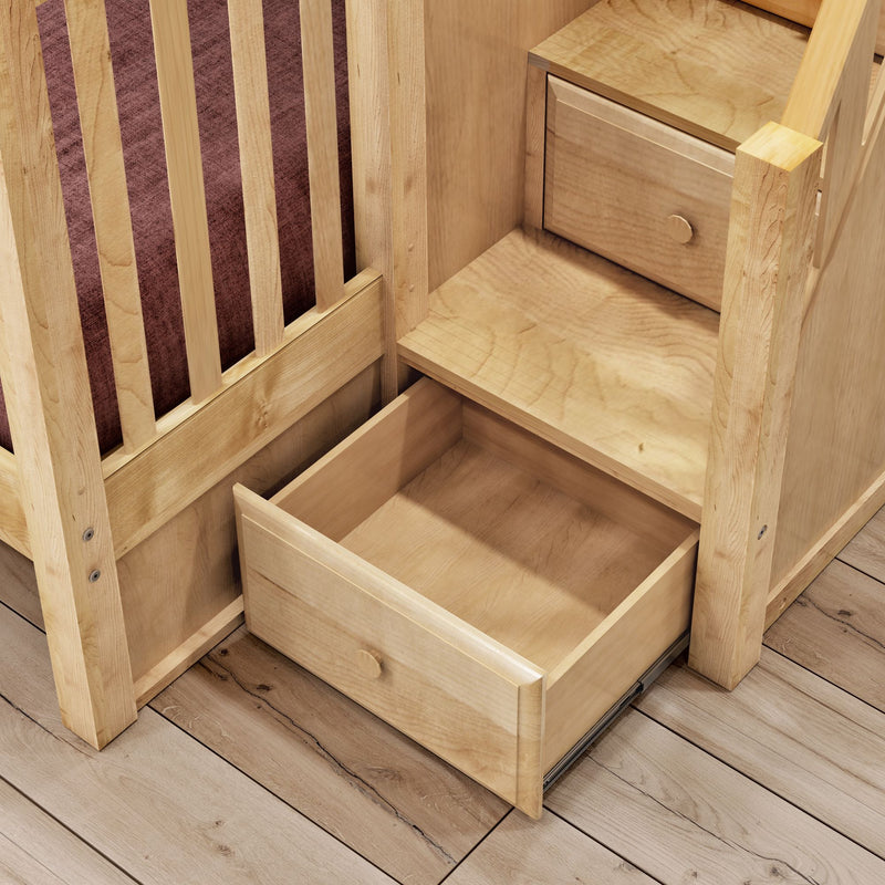 WRESTLER XL NS : Bunk Bed Classic High Twin XL over Queen Bunk Bed with Stairs on End, Natural Birch Slats