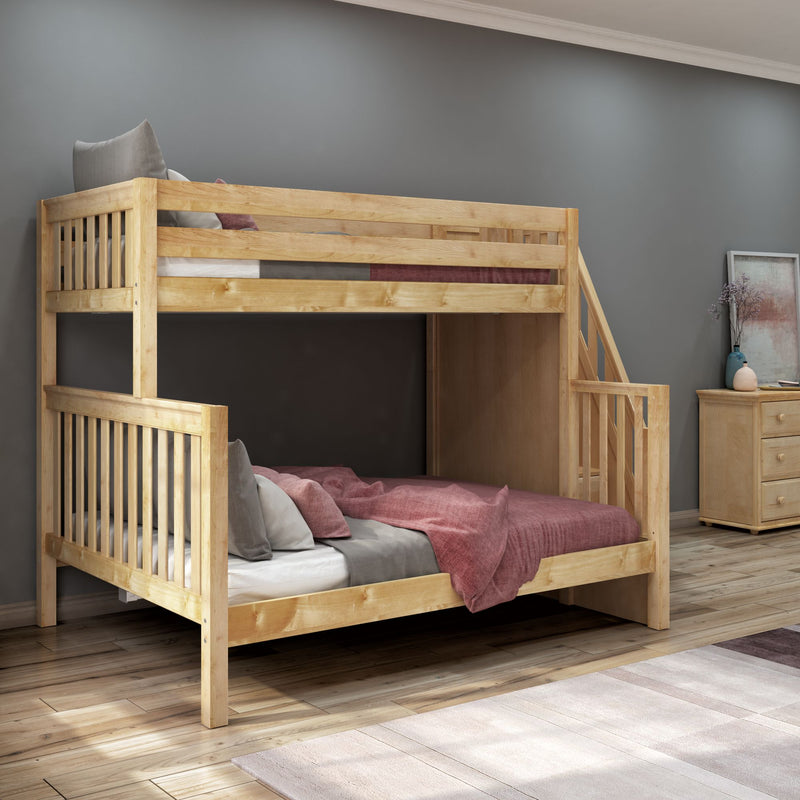 WRESTLER XL NS : Bunk Bed Classic High Twin XL over Queen Bunk Bed with Stairs on End, Natural Birch Slats