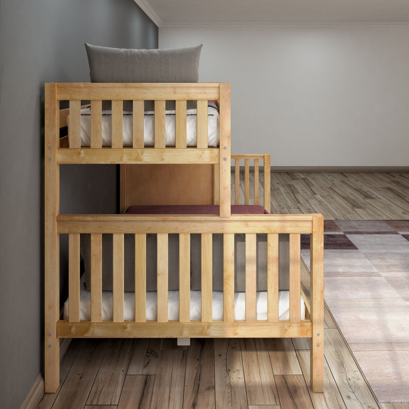WRESTLER XL NS : Bunk Bed Classic High Twin XL over Queen Bunk Bed with Stairs on End, Natural Birch Slats