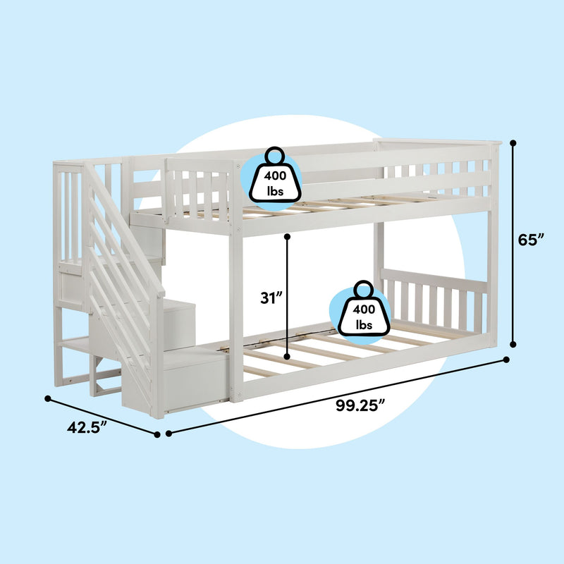 185220-002 : Bunk Beds Twin Over Twin Low Bunk Bed With Staircase, White