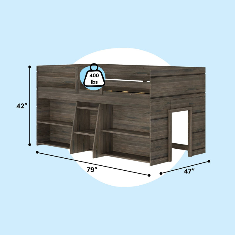 190025-181 : Loft Beds Farmhouse Twin Low Loft with 2 Bookcases, Barnwood Brown