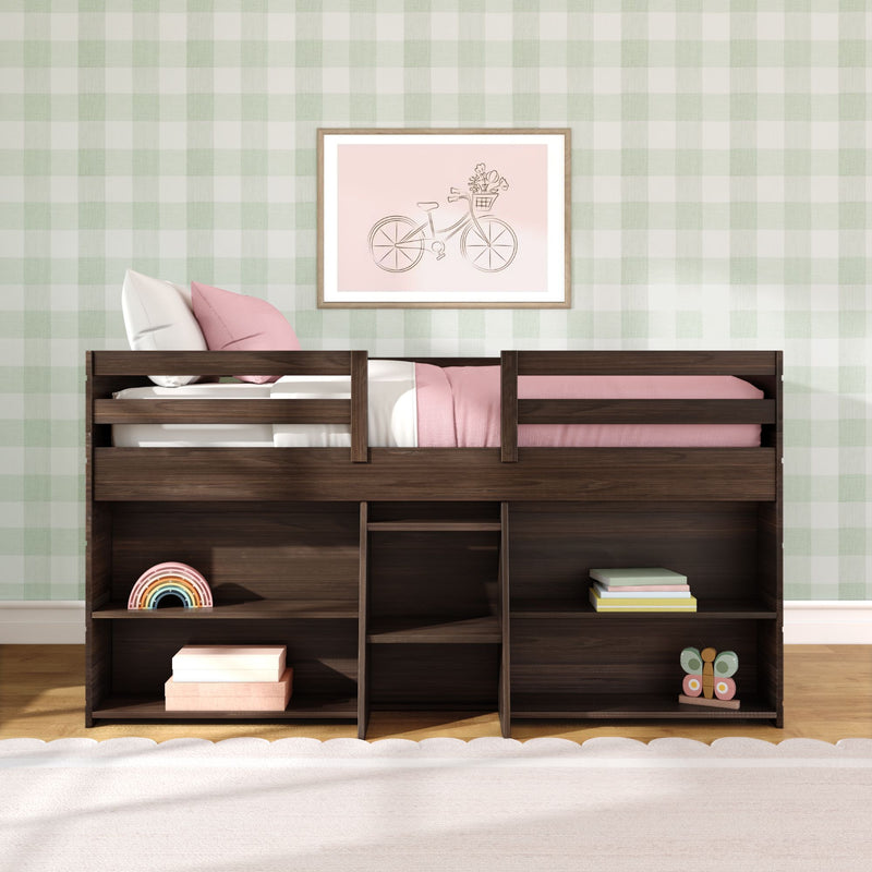 190025-181 : Loft Beds Farmhouse Twin Low Loft with 2 Bookcases, Barnwood Brown