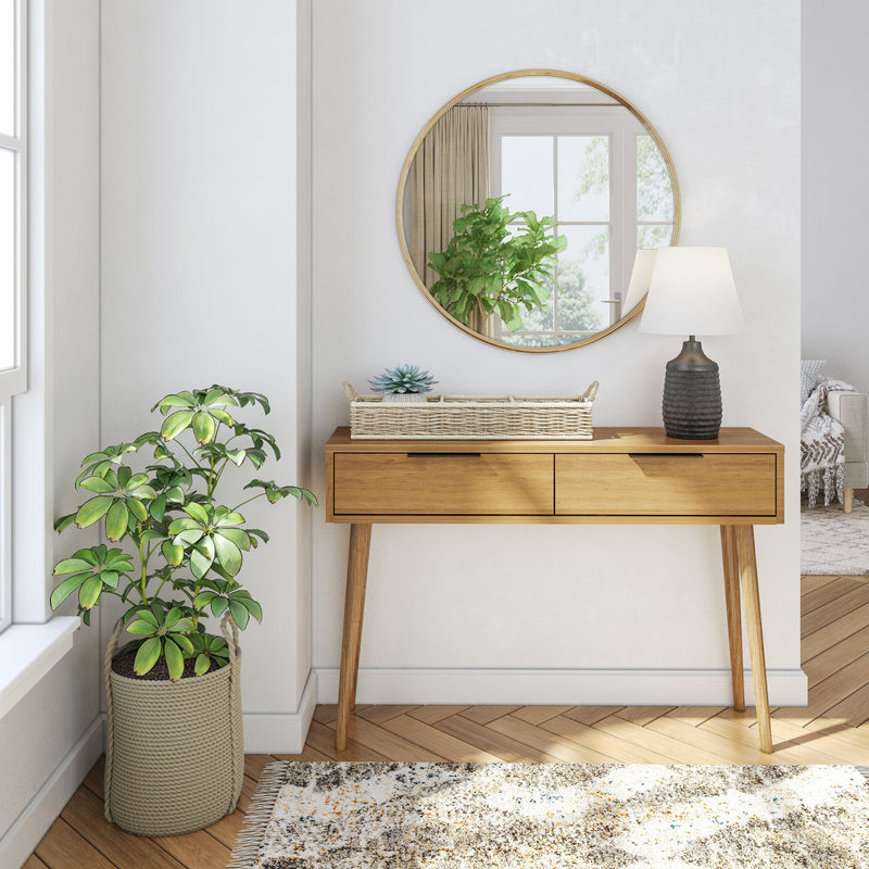 2000409000-007 : Console Table Mid-Century Modern Console Table with Pulldown and Black Handles (46in / 1170mm), Pecan