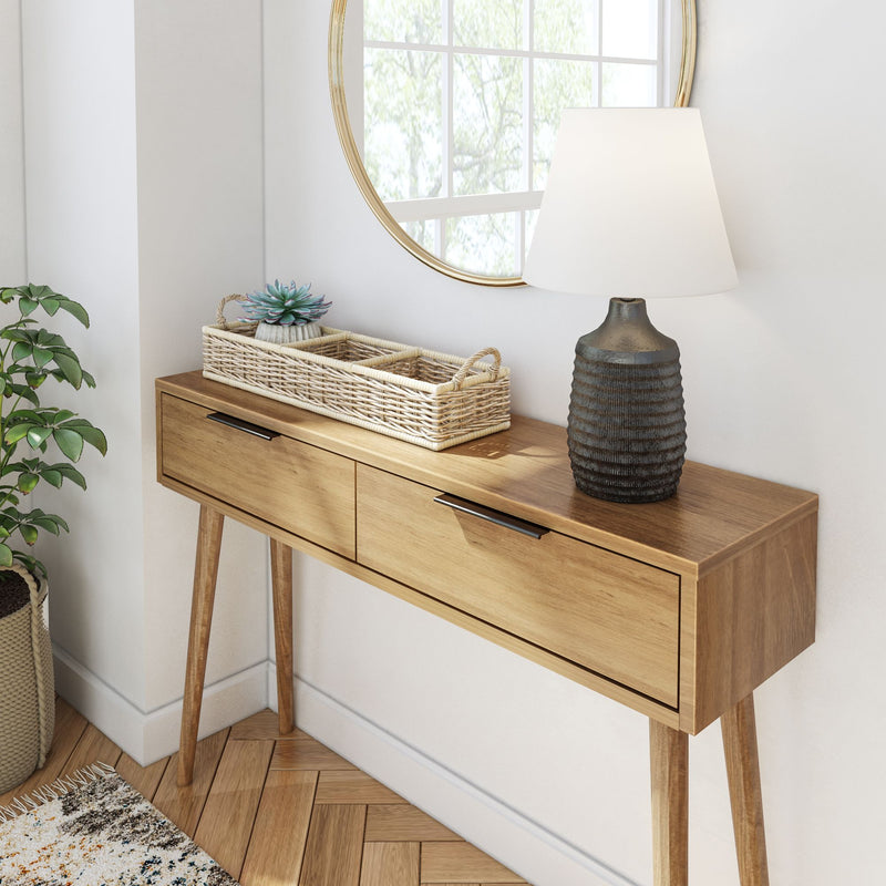 2000409000-007 : Console Table Mid-Century Modern Console Table with Pulldown and Black Handles (46in / 1170mm), Pecan
