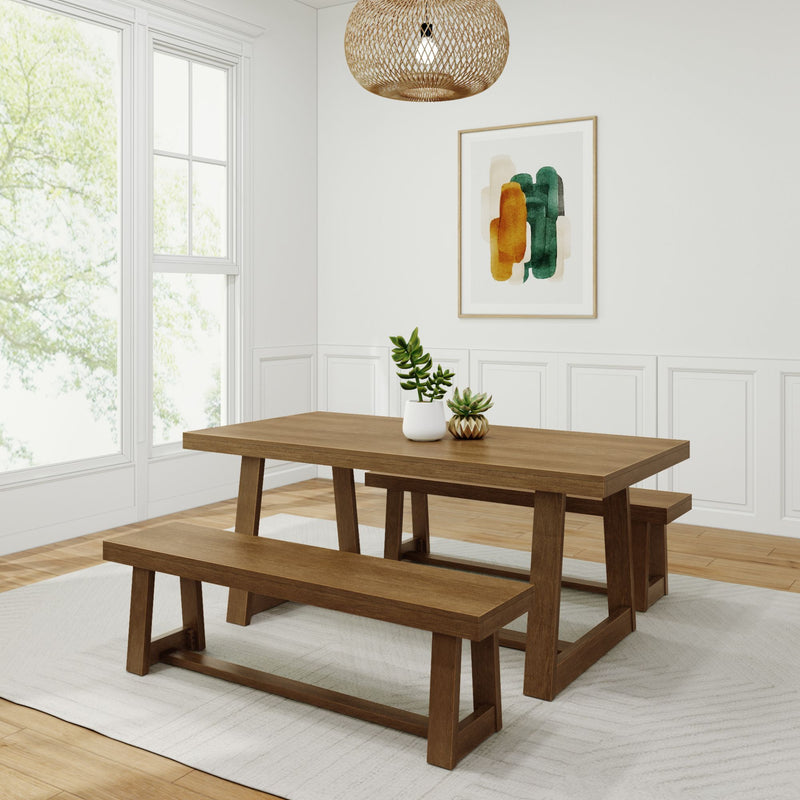 235110-197 : Dining Set Classic Solid Wood Dining Table Set with 2 Benches, Pecan Wirebrush