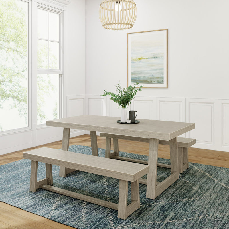 235110-199 : Dining Set Classic Solid Wood Dining Table Set with 2 Benches, Seashell Wirebrush